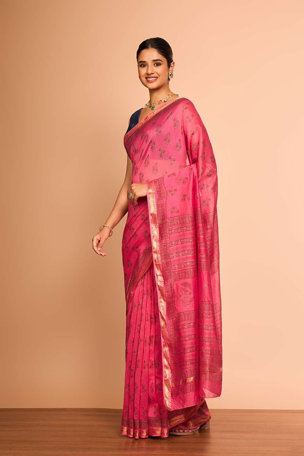 Pink Rajasthan Pure Silk Cotton Printed Sanganeri Saree image number null
