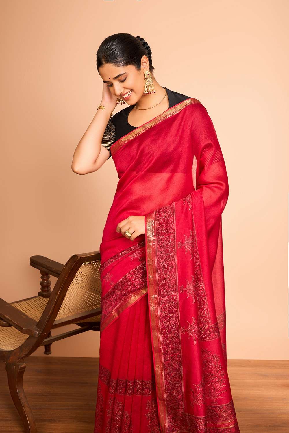 Red Rajasthan Pure Silk Cotton Printed Sanganeri Saree image number null