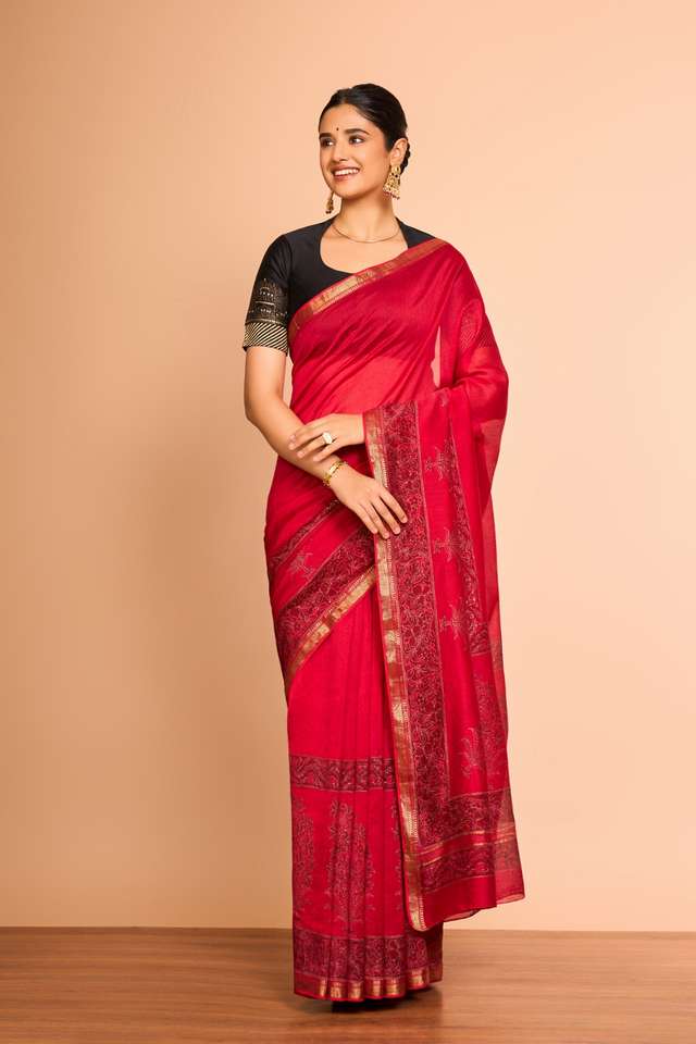 Red Rajasthan Pure Silk Cotton Printed Sanganeri Saree thumbnail image number null