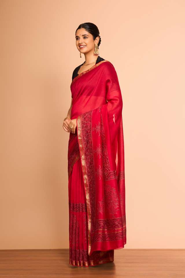 Red Rajasthan Pure Silk Cotton Printed Sanganeri Saree thumbnail image number null