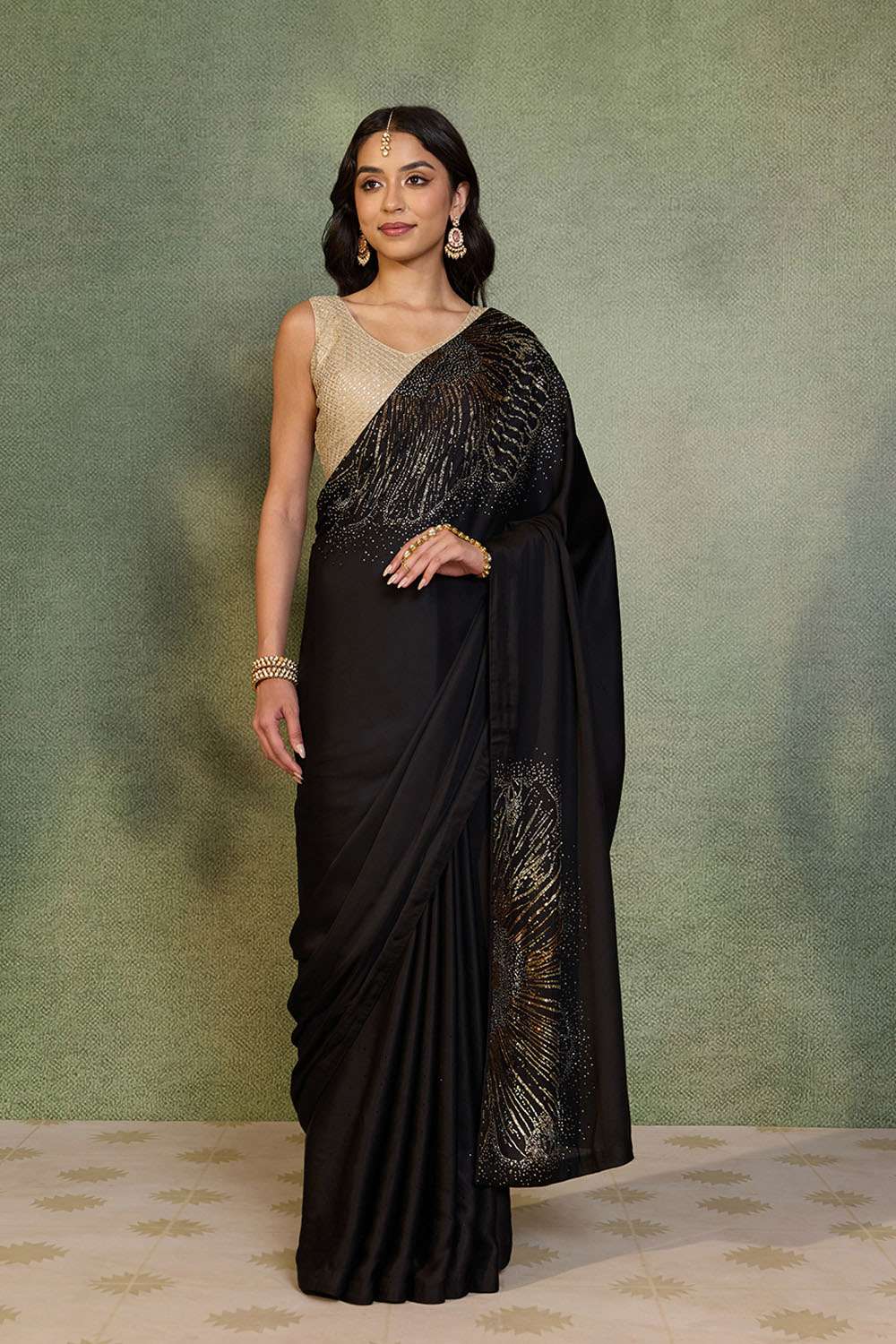 Black Crystal Viscose Satin Saree image number null
