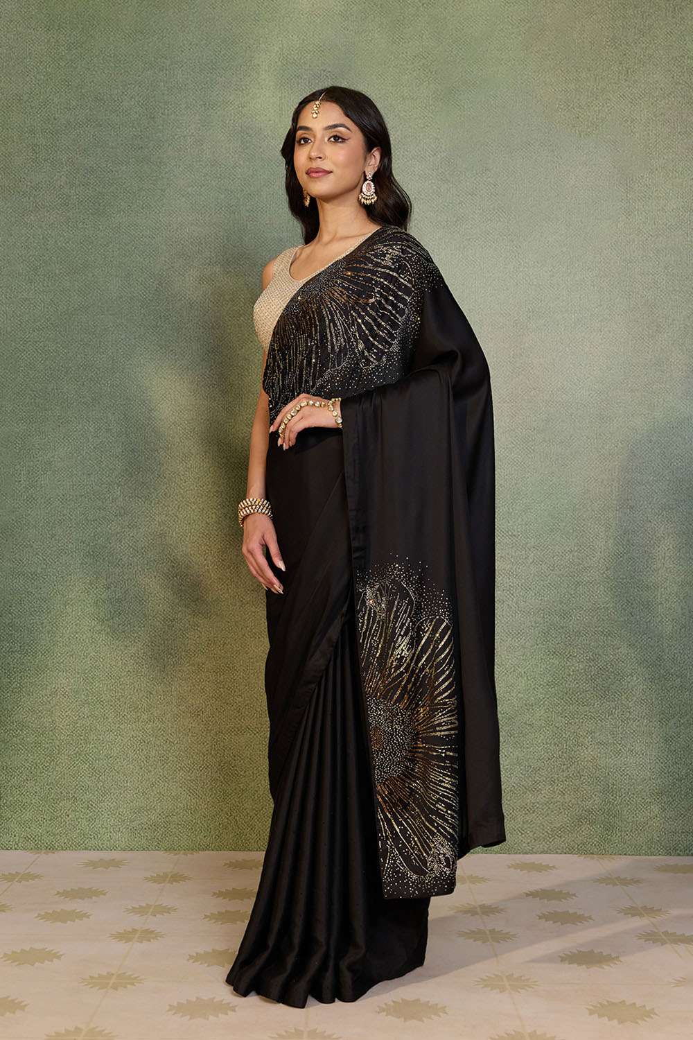 Black Crystal Viscose Satin Saree image number null