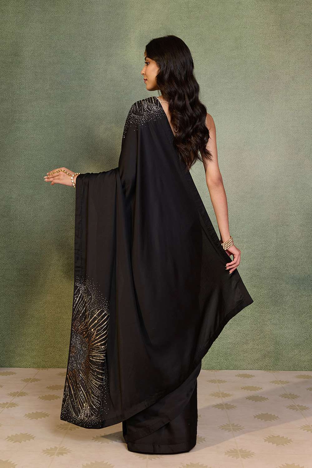 Black Crystal Viscose Satin Saree image number null