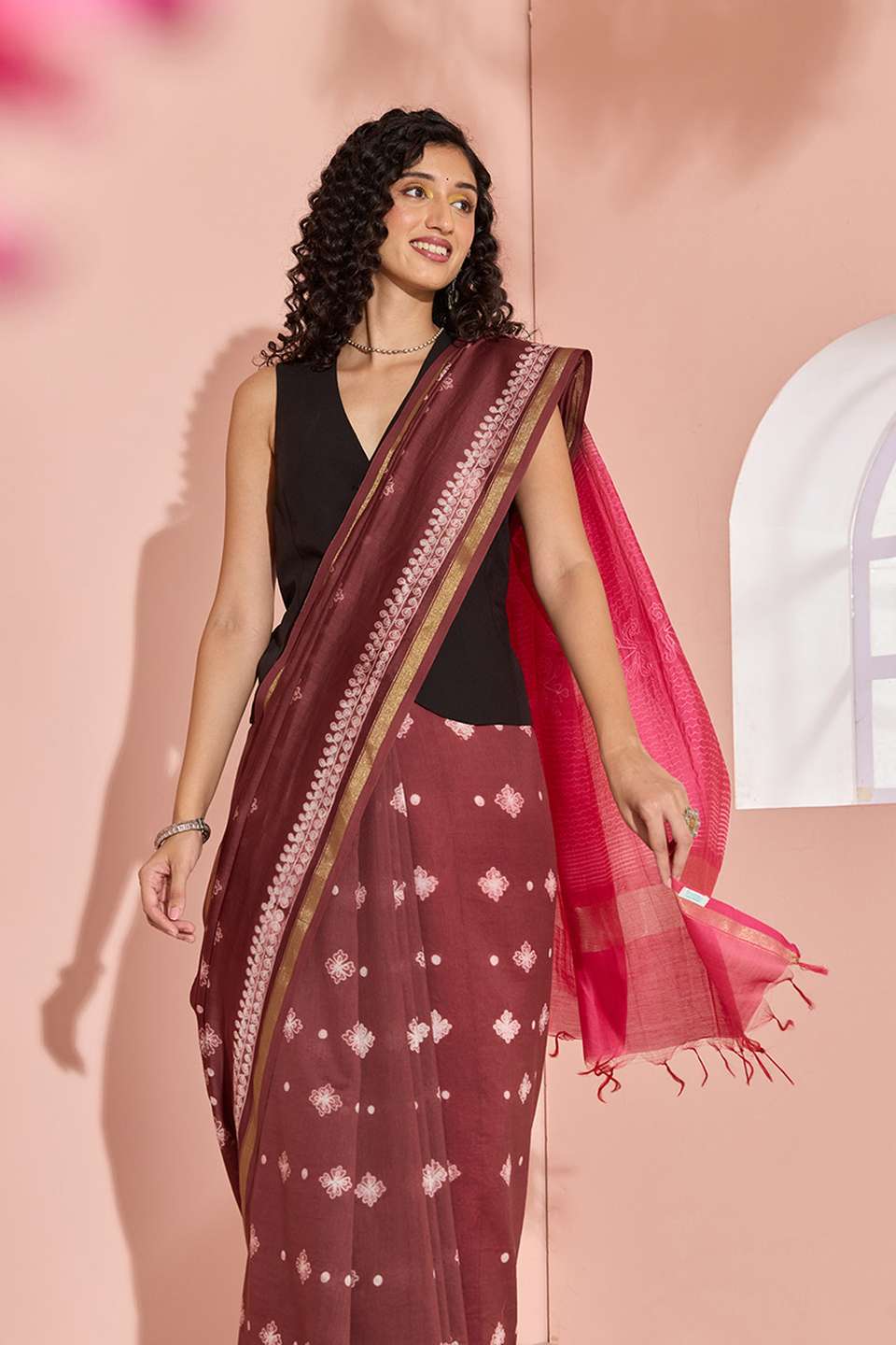 Brown Tie & Dye Shibori Pure Silk Cotton Saree