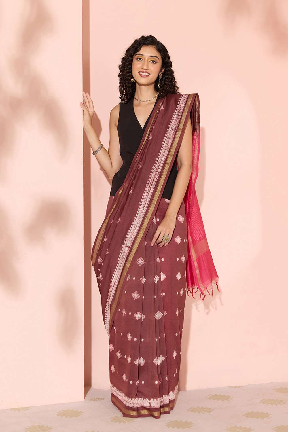 Brown Tie & Dye Shibori Pure Silk Cotton Saree image number null