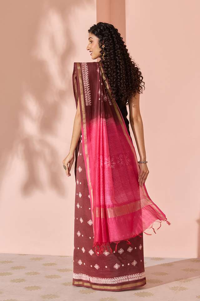 Brown Tie & Dye Shibori Pure Silk Cotton Saree thumbnail image number null