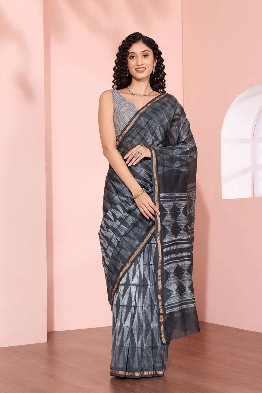 Black Rajasthan Tie and Dye Shibori Pure Silk Cotton Saree image number null