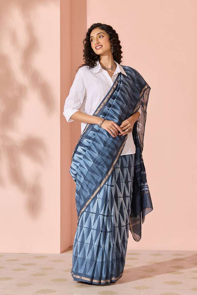 Dark Blue Tie & Dye Shibori Pure Silk Cotton Rajasthan Saree thumbnail image number null