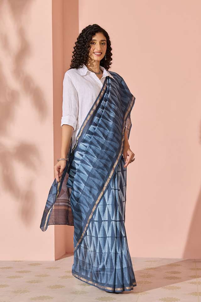 Dark Blue Tie & Dye Shibori Pure Silk Cotton Rajasthan Saree thumbnail image number null