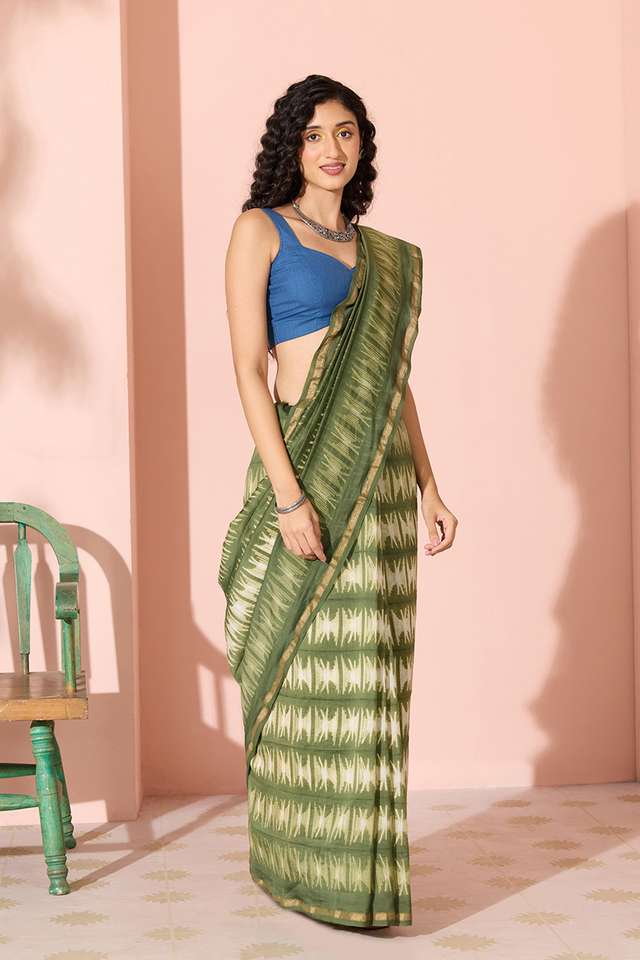Green Tie & Dye Shibori Pure Silk Cotton Rajasthan Saree thumbnail image number null