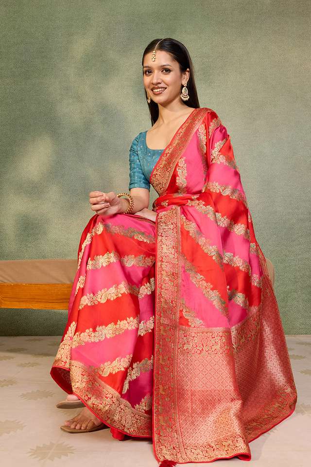 Red Viscose Satin Woven Saree thumbnail image number null