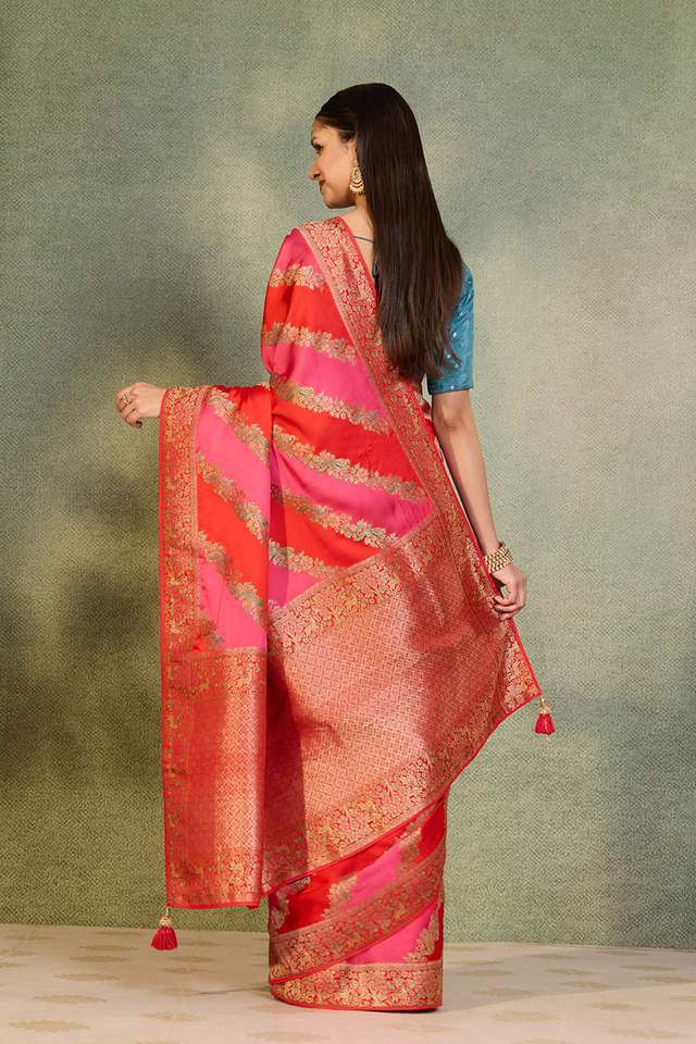 Red Viscose Satin Woven Saree thumbnail image number null