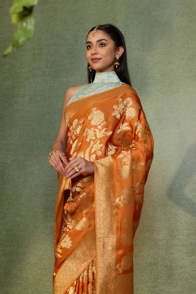 Light Orange Woven Viscose Satin Saree image number