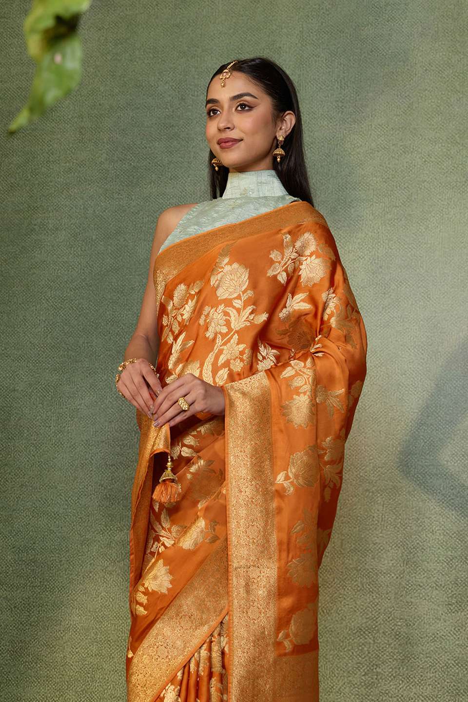 Light Orange Woven Viscose Satin Saree