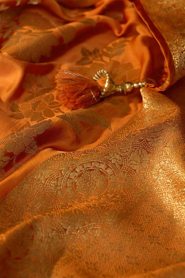 Light Orange Woven Viscose Satin Saree thumbnail image number null