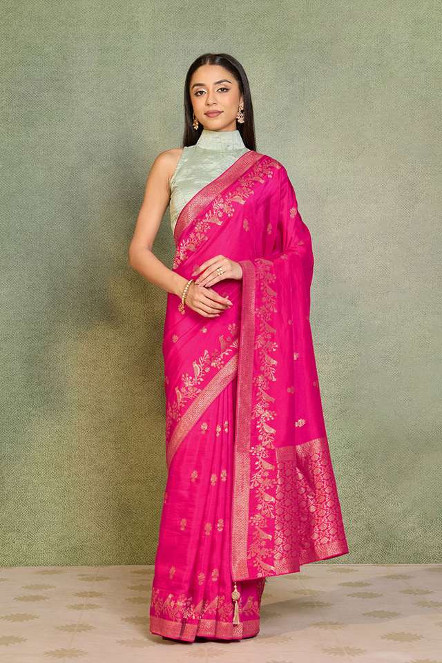 Pink Woven Pure Viscose Saree image number