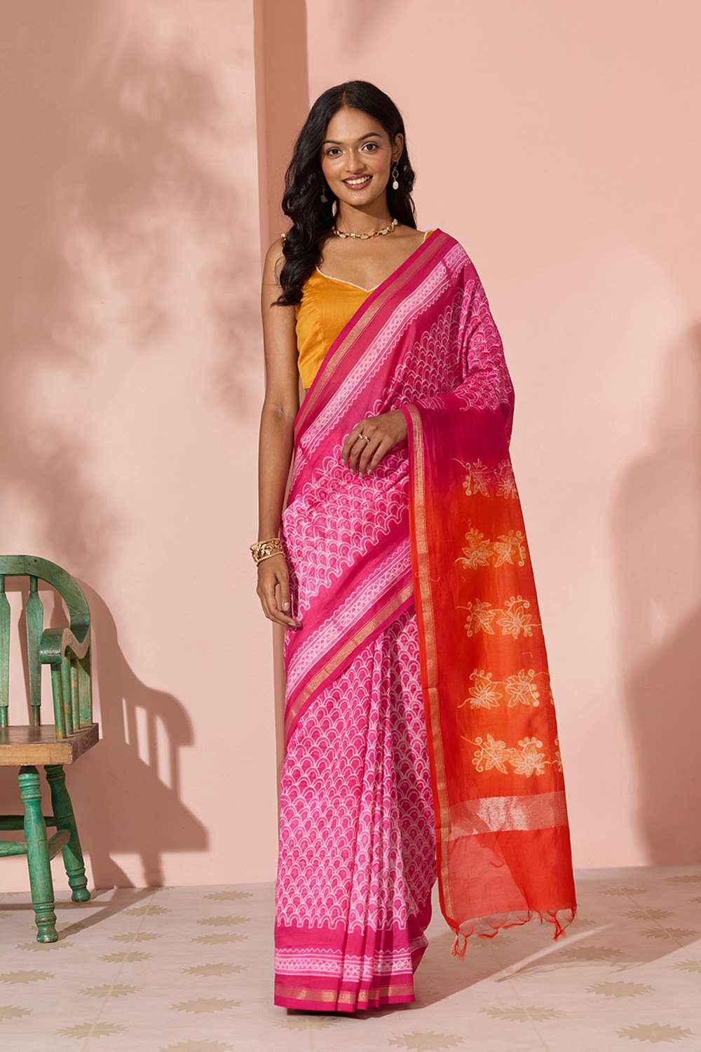 Pink Tie & Dye Shibori Pure Silk Cotton Saree image number null