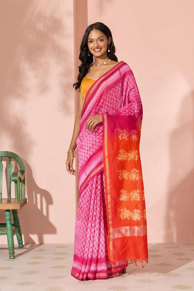 Pink Tie & Dye Shibori Pure Silk Cotton Saree thumbnail image number null