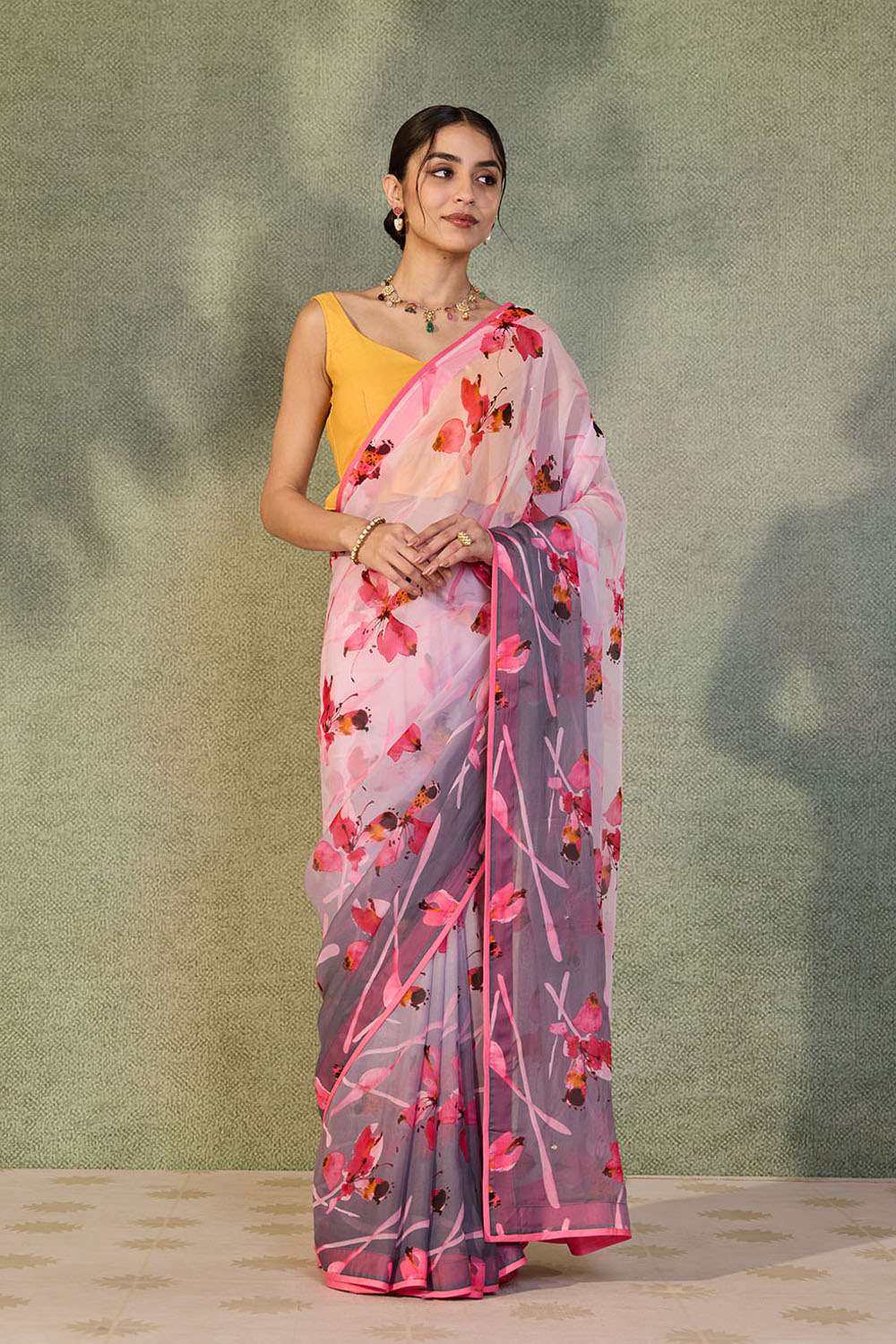 Pink Printed Viscose Organza Saree image number null