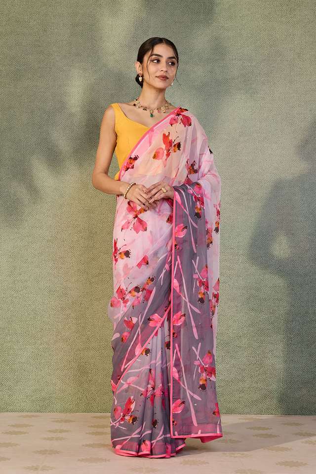 Pink Printed Viscose Organza Saree thumbnail image number null