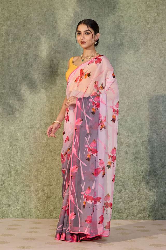 Pink Printed Viscose Organza Saree thumbnail image number null
