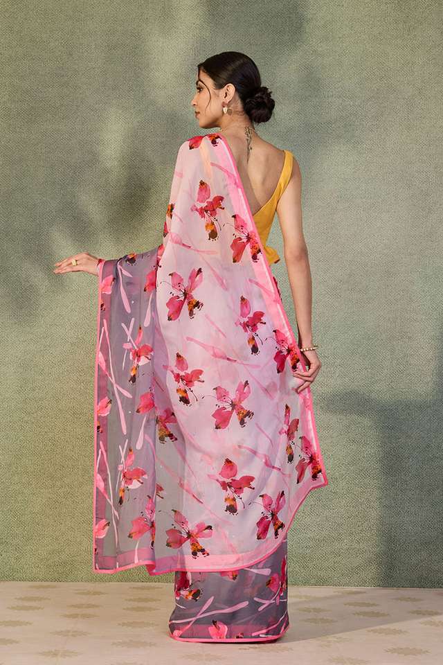 Pink Printed Viscose Organza Saree thumbnail image number null