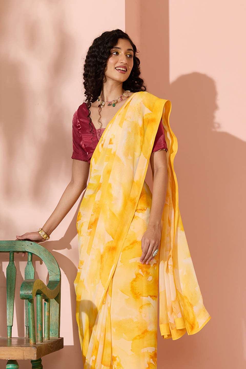 Yellow Sequin Viscose Georgette Saree