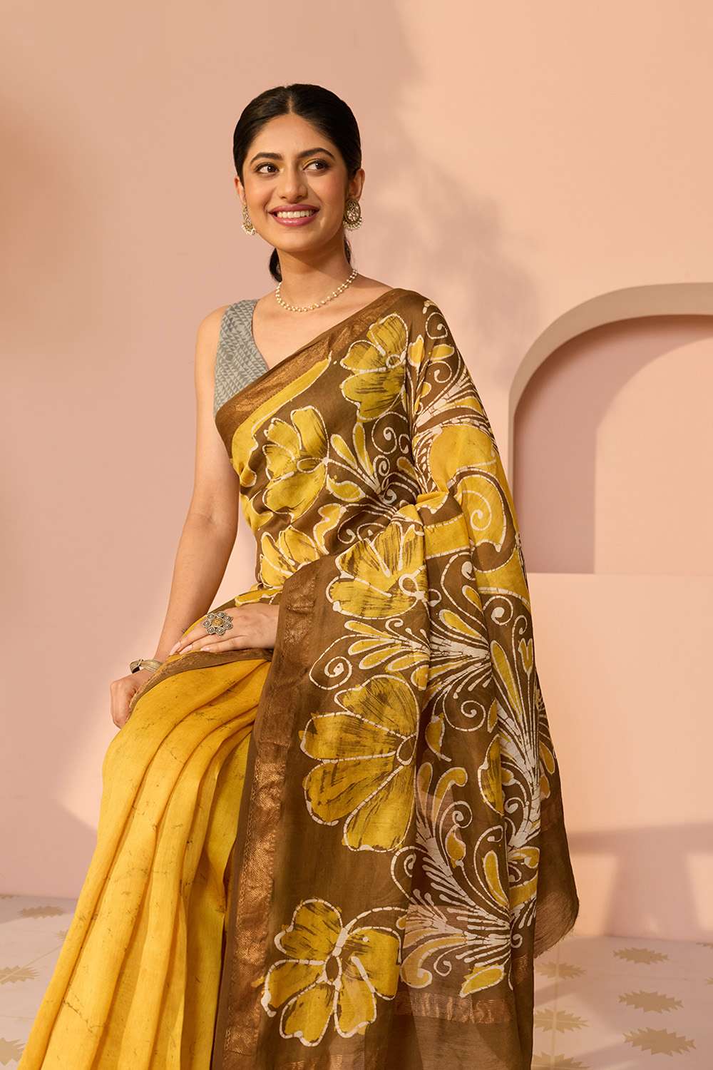 Yellow Ujjain Pure Silk Cotton Batik Saree image number null