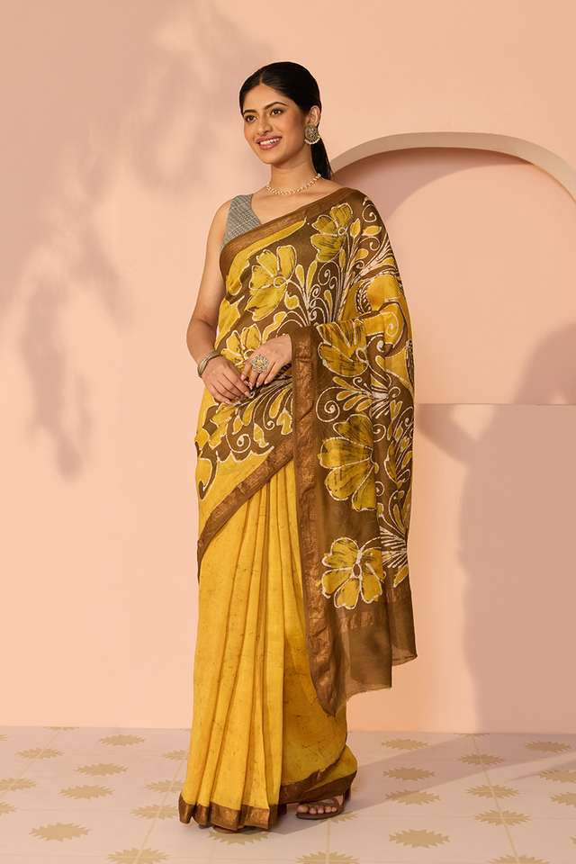 Yellow Ujjain Pure Silk Cotton Batik Saree thumbnail image number null