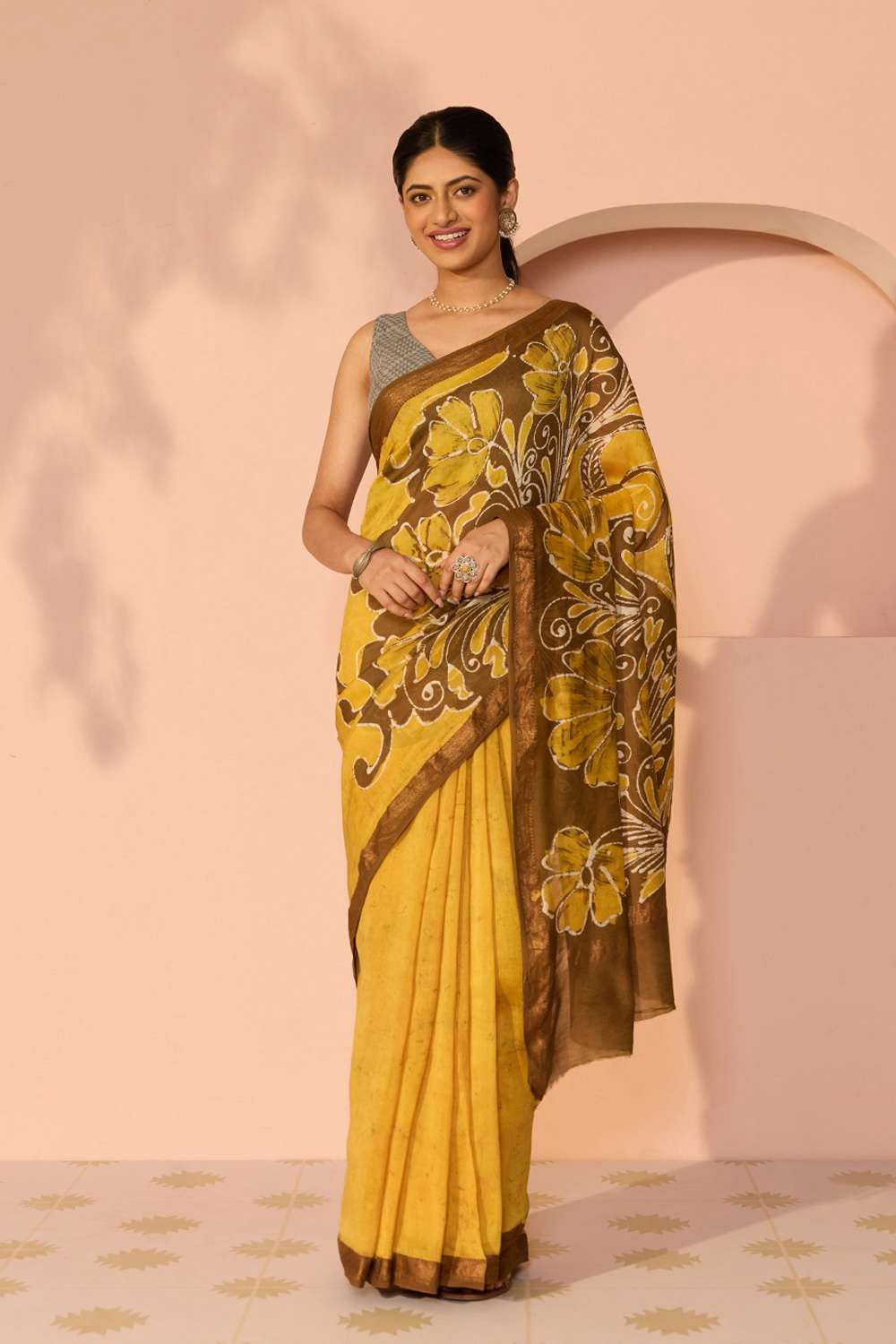 Yellow Ujjain Pure Silk Cotton Batik Saree image number null