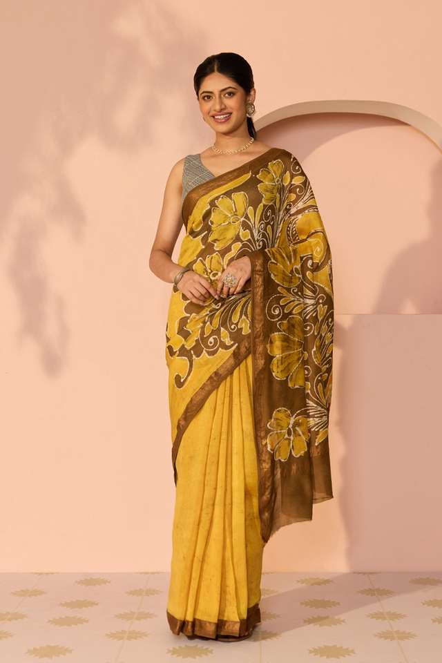 Yellow Ujjain Pure Silk Cotton Batik Saree thumbnail image number null