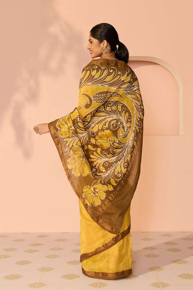 Yellow Ujjain Pure Silk Cotton Batik Saree thumbnail image number null