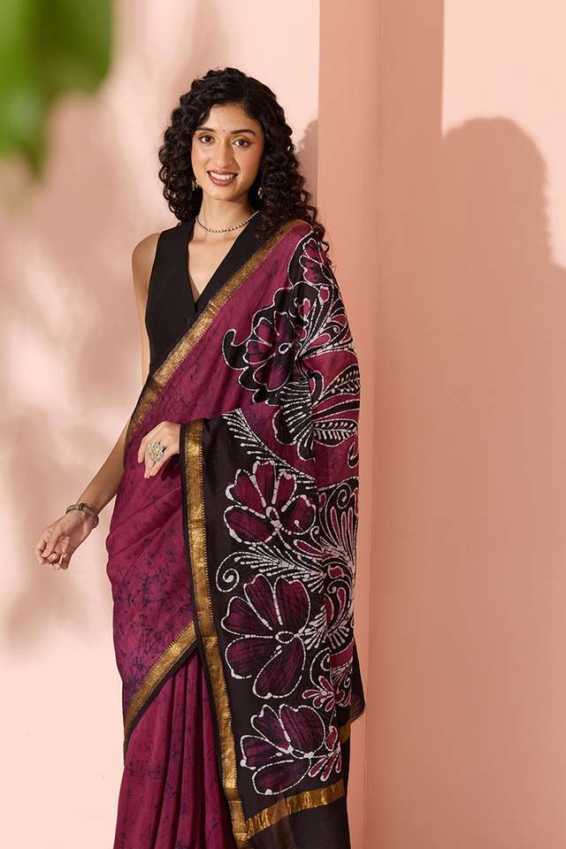 Purple Batik Pure Silk Cotton Ujjain Saree image number