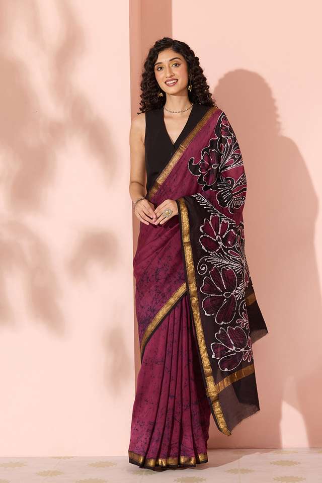 Purple Batik Pure Silk Cotton Ujjain Saree thumbnail image number null