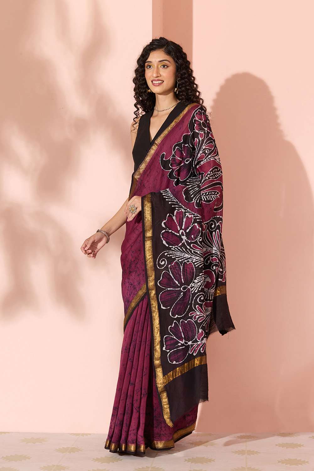 Purple Batik Pure Silk Cotton Ujjain Saree image number null