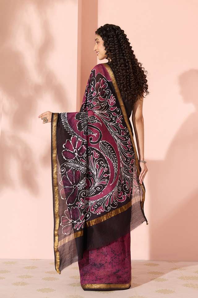 Purple Batik Pure Silk Cotton Ujjain Saree thumbnail image number null