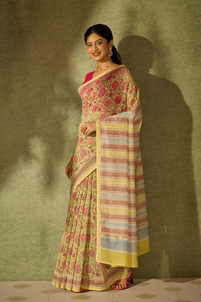 Yellow Rajasthan Pure Silk Cotton Printed Sanganeri Saree thumbnail image number null