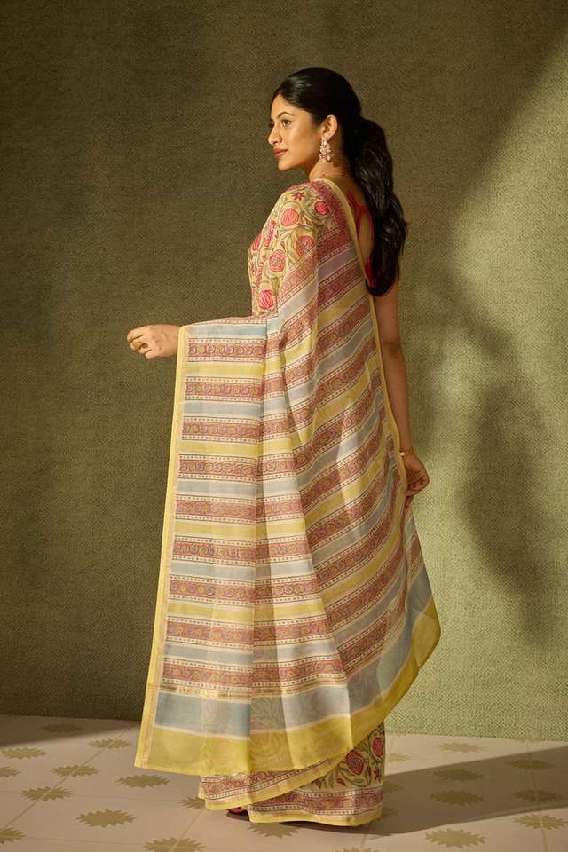 Yellow Rajasthan Pure Silk Cotton Printed Sanganeri Saree thumbnail image number null
