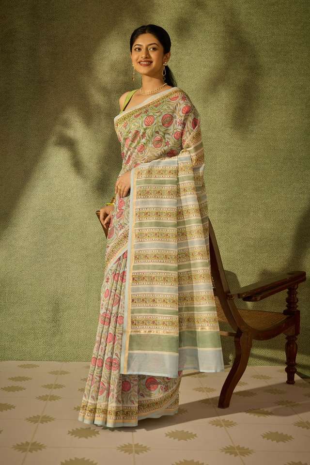 Light Blue Rajasthan Pure Silk Cotton Printed Sanganeri Saree image number