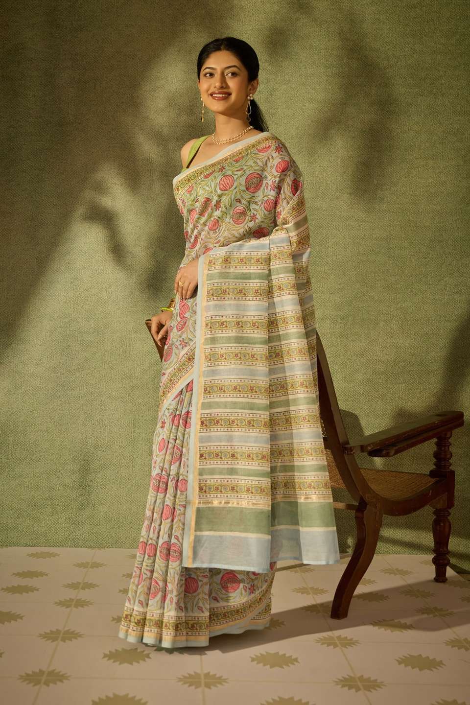 Light Blue Rajasthan Pure Silk Cotton Printed Sanganeri Saree