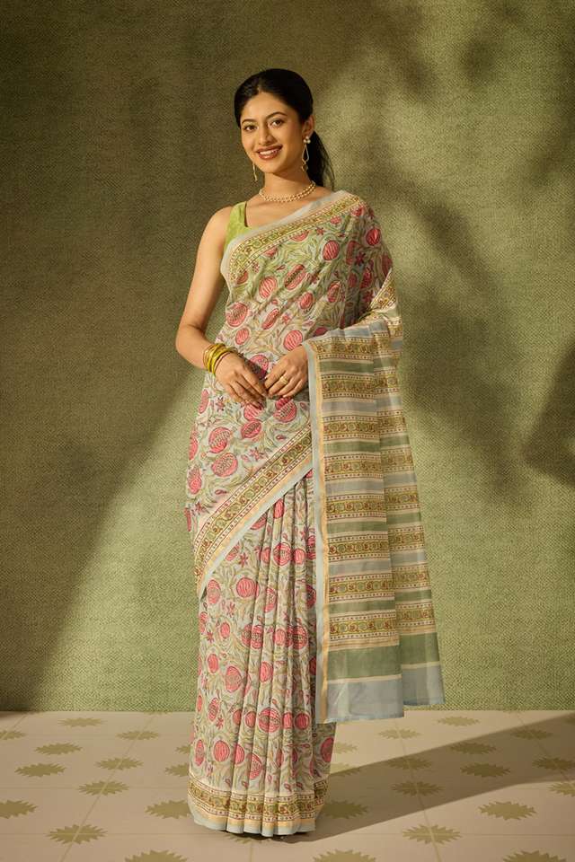 Light Blue Rajasthan Pure Silk Cotton Printed Sanganeri Saree thumbnail image number null