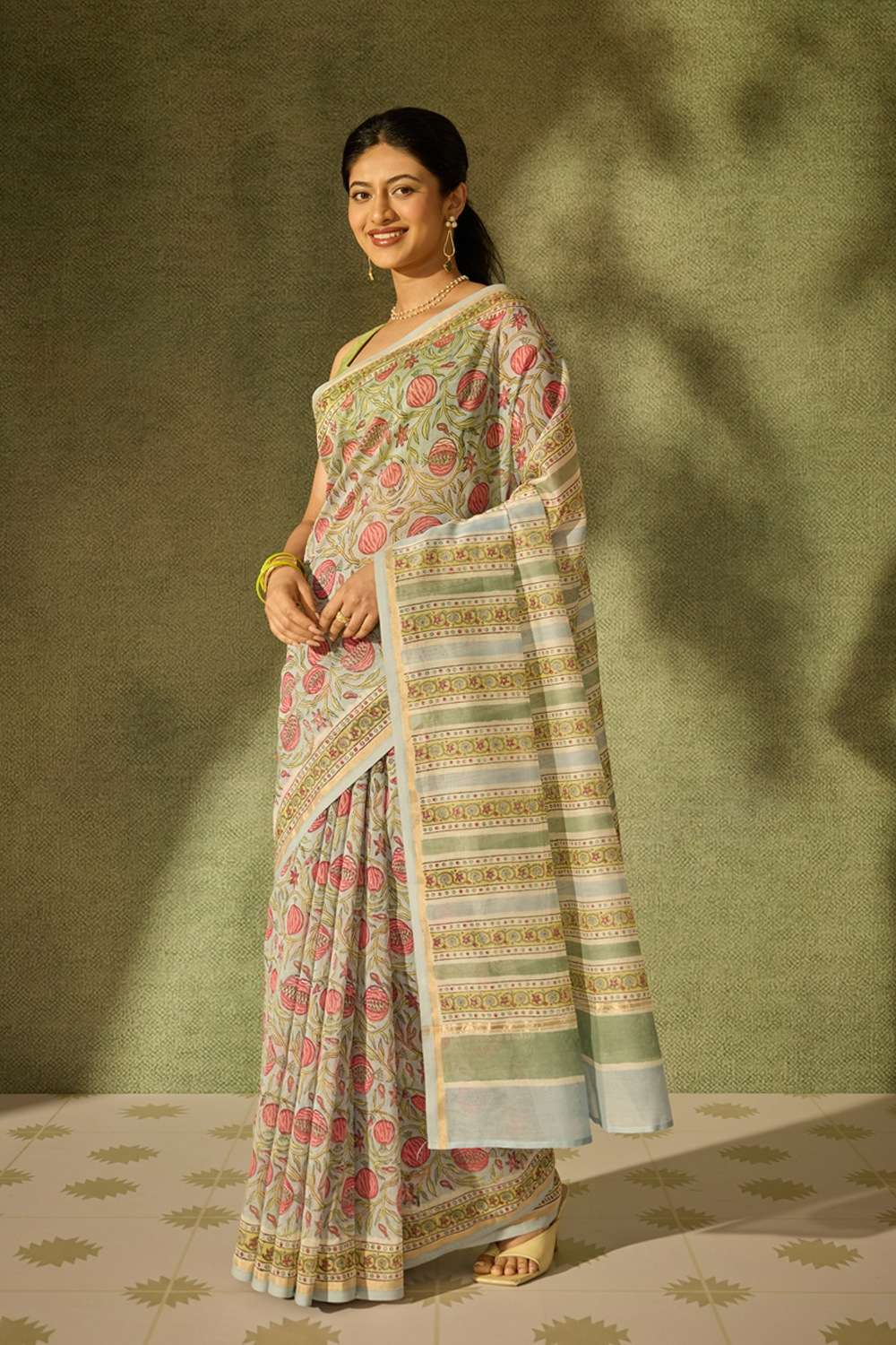 Light Blue Rajasthan Pure Silk Cotton Printed Sanganeri Saree image number null