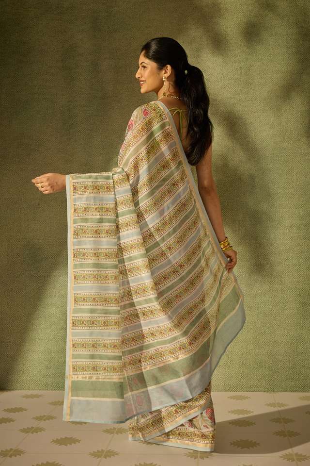 Light Blue Rajasthan Pure Silk Cotton Printed Sanganeri Saree thumbnail image number null