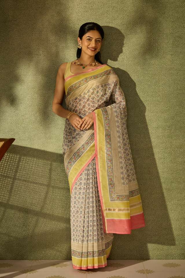Light Blue Rajasthan Pure Silk Cotton Printed Sanganeri Saree thumbnail image number null
