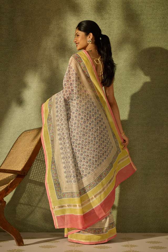 Light Blue Rajasthan Pure Silk Cotton Printed Sanganeri Saree thumbnail image number null
