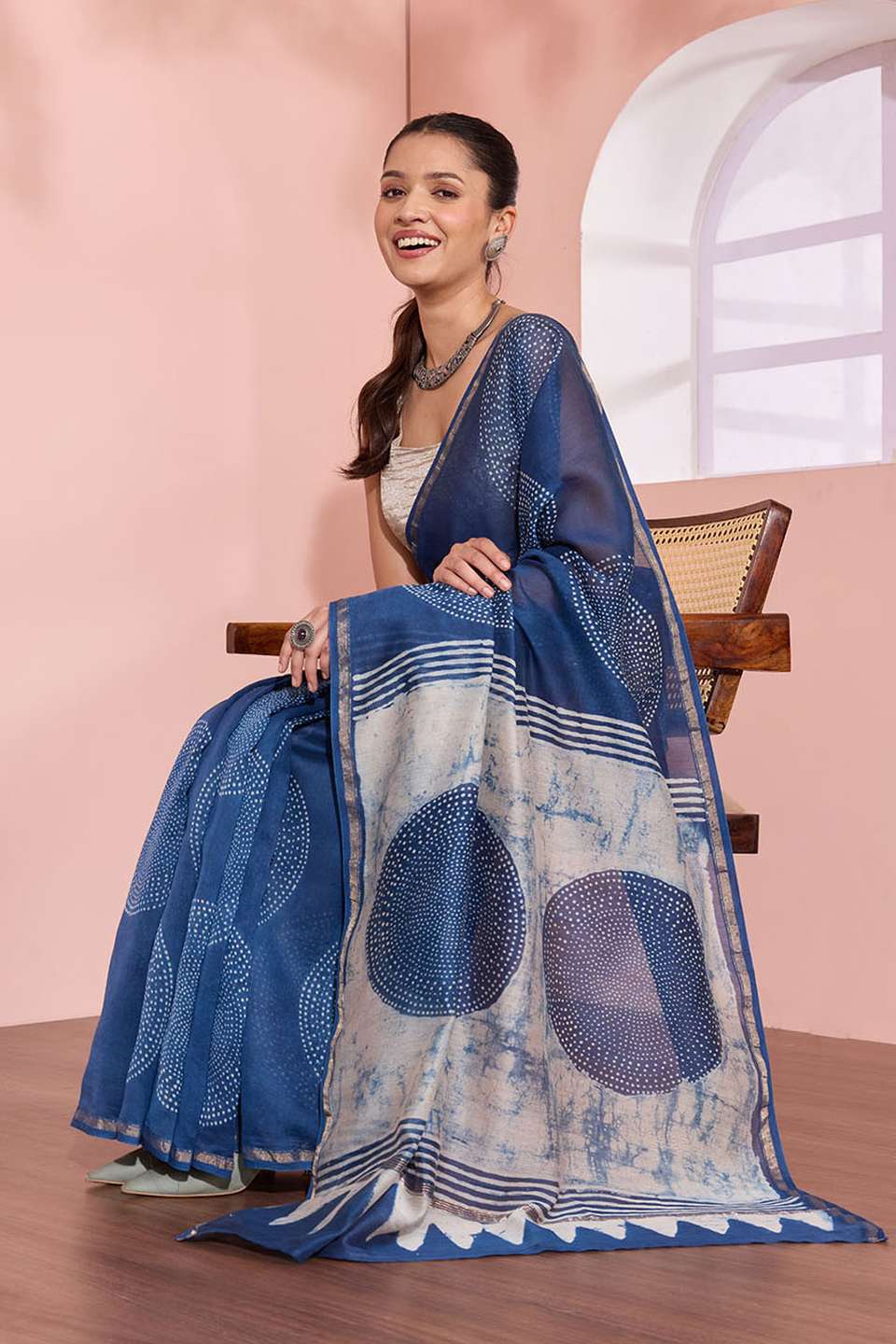 Blue Rajasthan Block Printed Pure Silk Cotton Saree