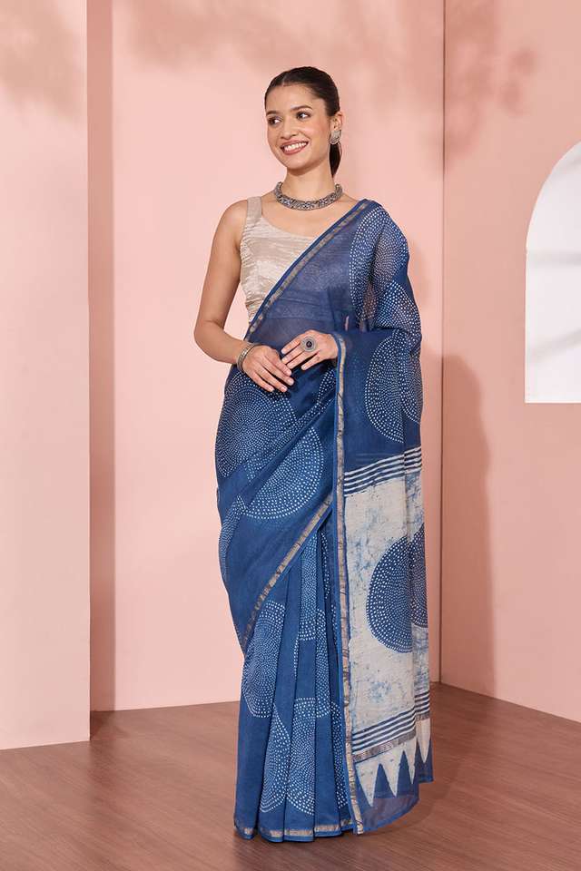 Blue Rajasthan Block Printed Pure Silk Cotton Saree thumbnail image number null