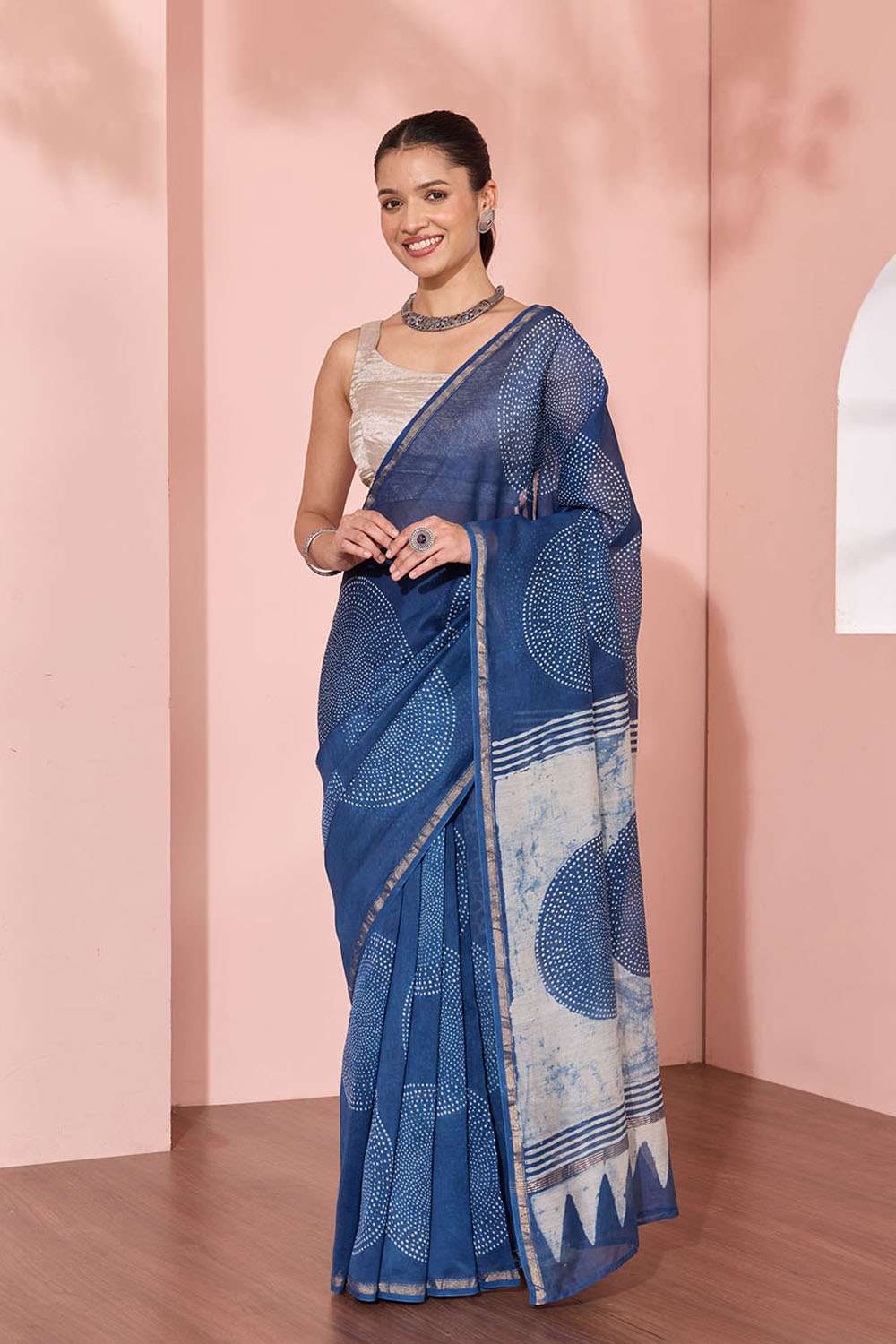 Blue Rajasthan Block Printed Pure Silk Cotton Saree image number null