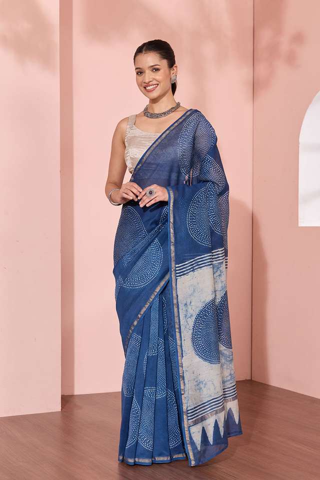 Blue Rajasthan Block Printed Pure Silk Cotton Saree thumbnail image number null