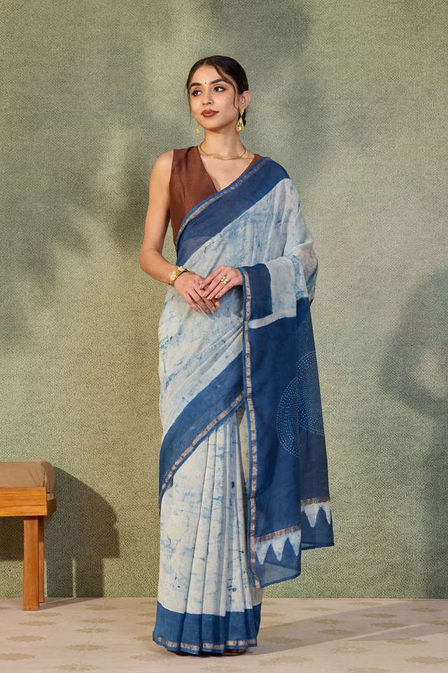 Off White Rajasthan Block Printed Pure Silk Cotton Saree thumbnail image number null